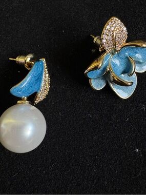 Blue Enamel Pearl Drop Floral Stud Earrings